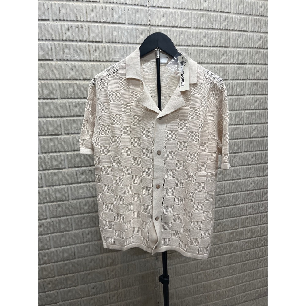 No Boundaries Mens Check Mesh Button Sweater Pearl White XS Short Sleeve Polo